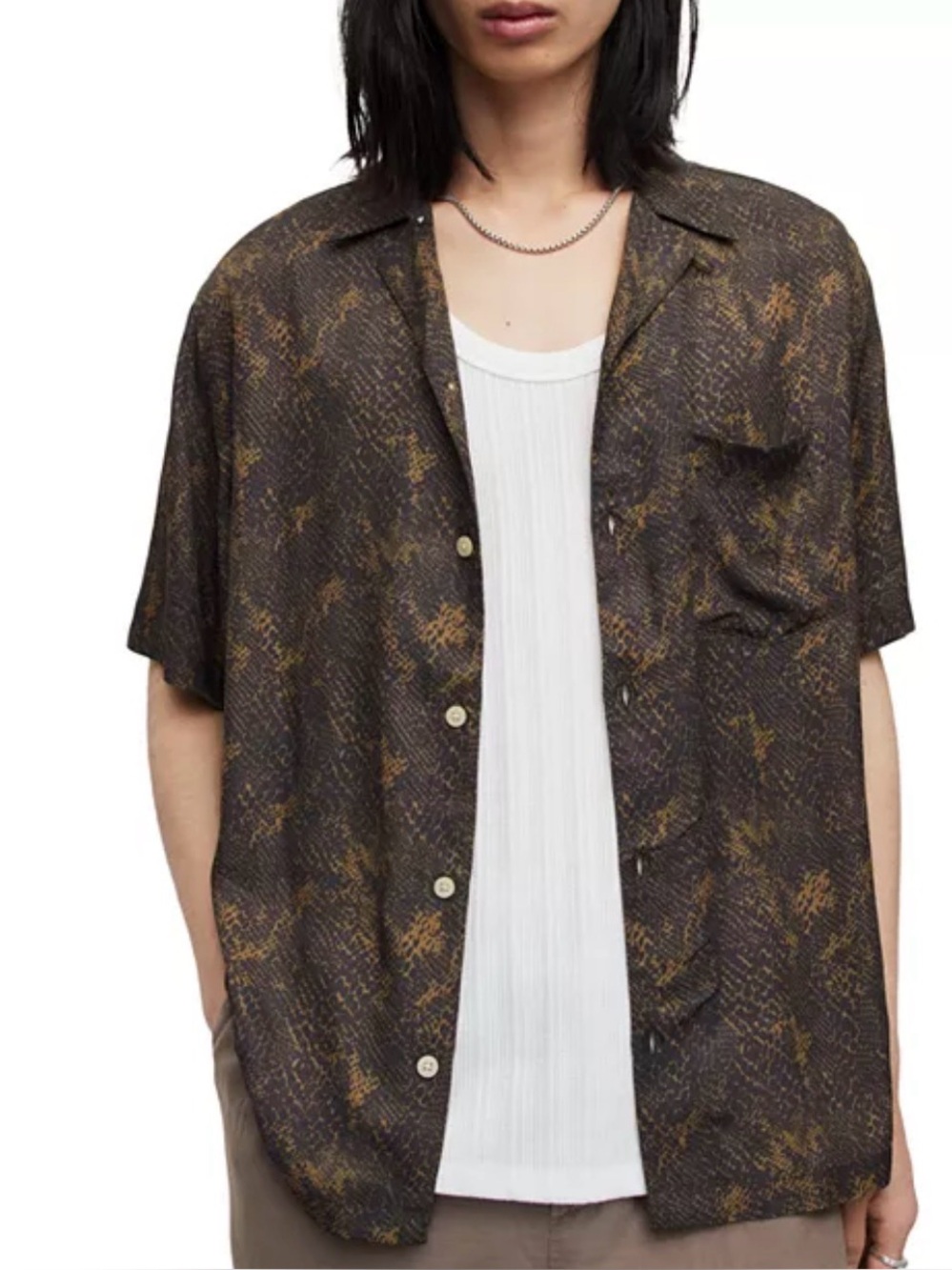 AllSaints Men's Caiman Reptile Snake Print Short Sleeve Camp Shirt – Size M